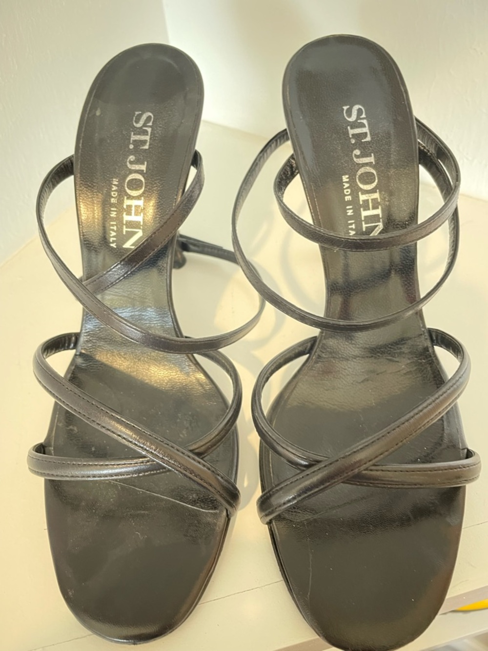 St. John Black Multi-Strap Leather Heeled Sandals